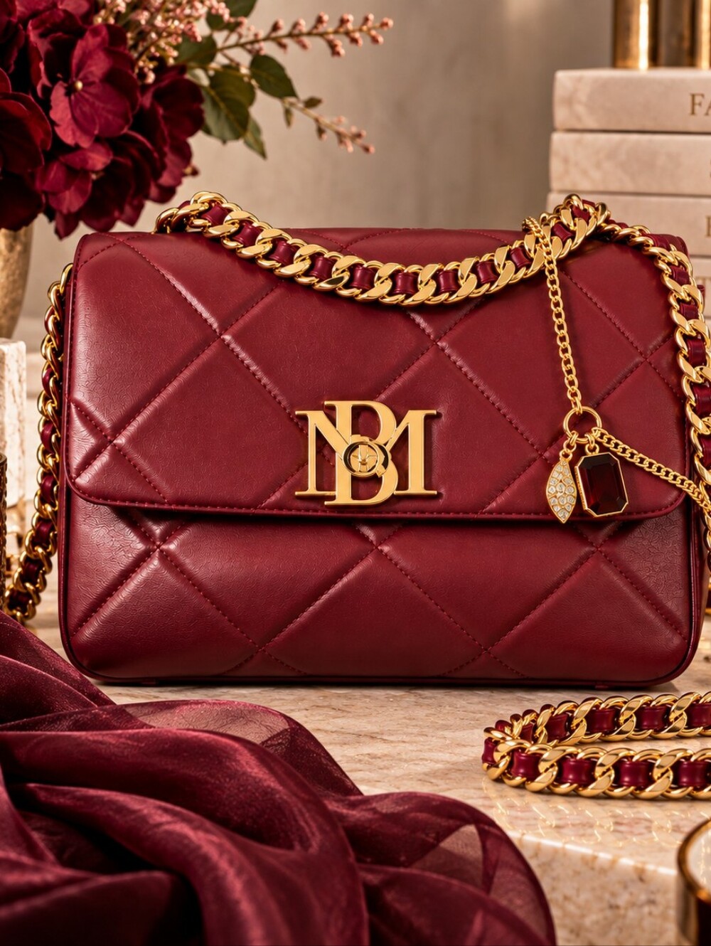 Badgley Mischka BM-4176 Wine Quilted Big Chain Crossbody Bag NWT